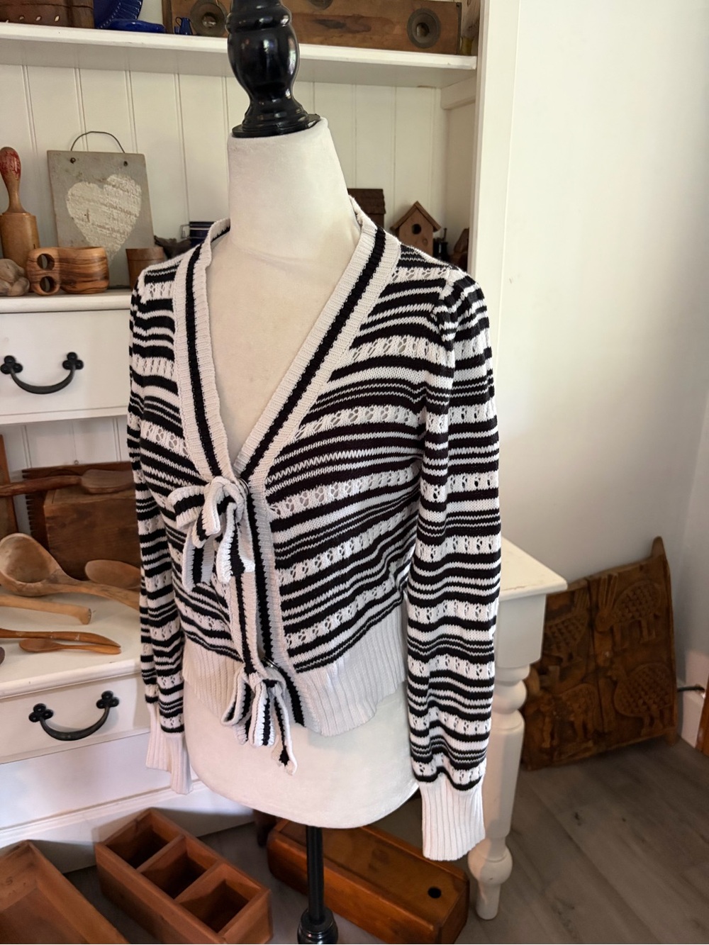 Love Scarlett Striped Black and White Tie-Front Women's Sweater